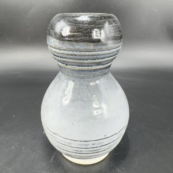 Primitive Style Art Pottery Bud Vase Round Bottom Gray Black Lines Glaze Vase - Picture 4 of 11